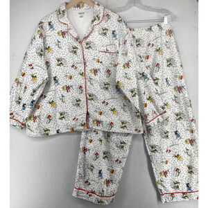 PEANUTS Pajama Set Womens 1X Holiday Ski Flannel Long Sleeve Lounge Pants White
